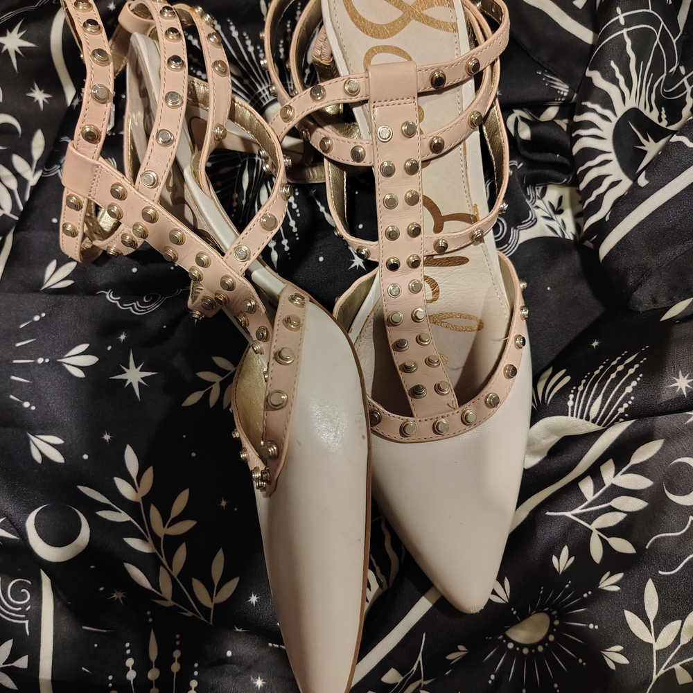 Sam Edelman White and Blush Studded T-Strap Pointed Toe Heels - Picture 2 of 4